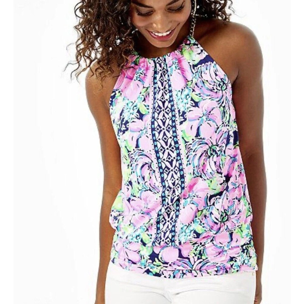 Lilly Pulitzer Bowen Top High Tide Navy XS Gold Chain Halter Pink Resortwear
